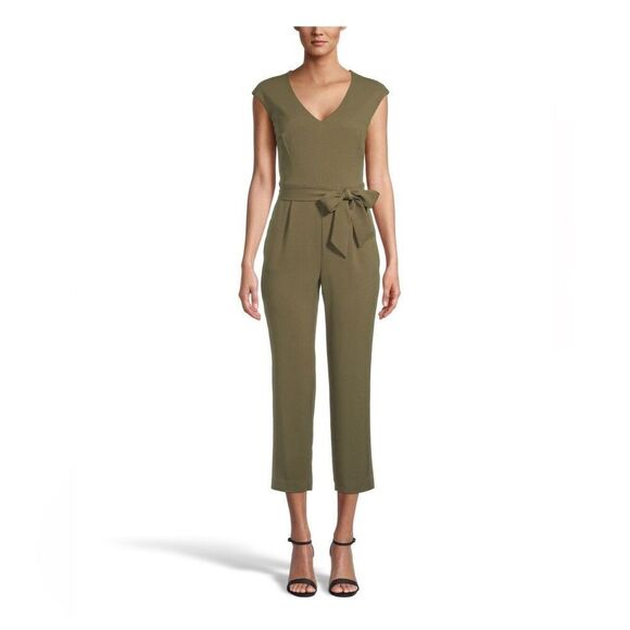 Bar III Pants - BAR III Womens Green Belted Cropped Cap Sleeve Straight leg Jumpsuit
